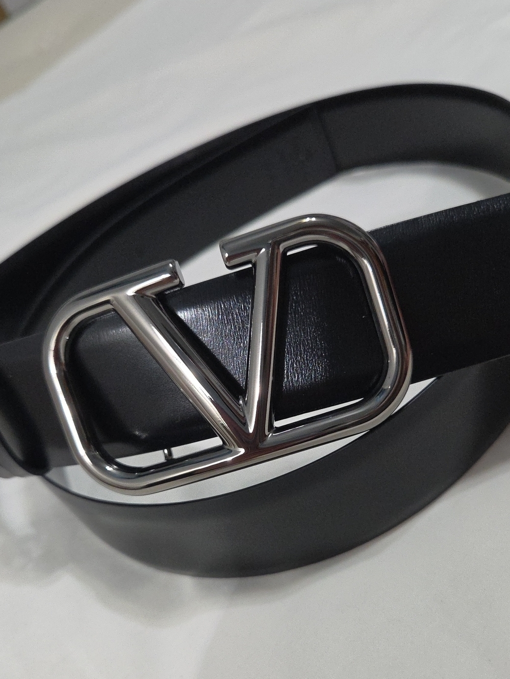 Valentino Black Leather Belt with Black Chrome V Buckle 95cm
